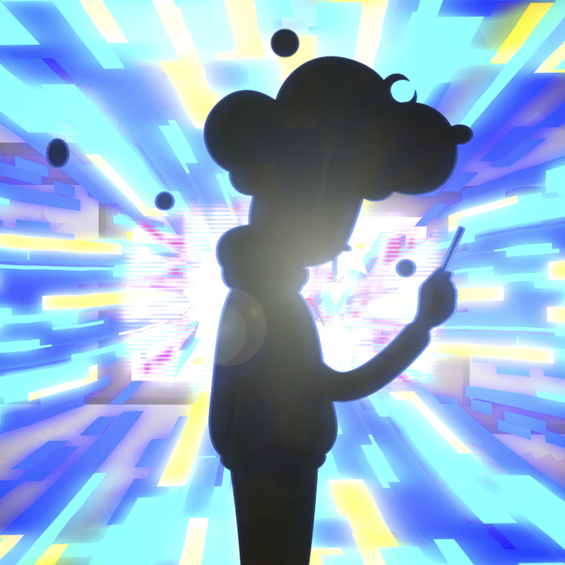 illustrated character in front of screens