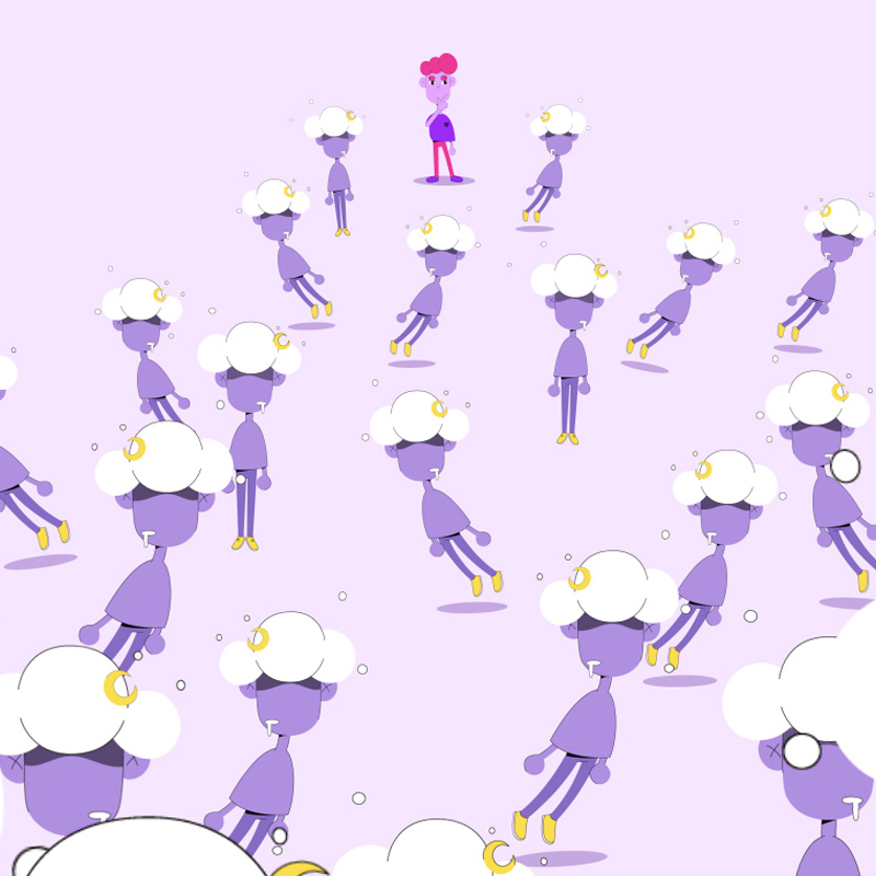2D characters floating with ideas in their mind