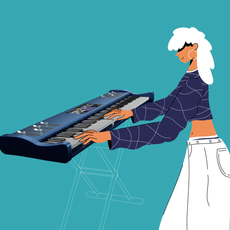 2D girl playing 3D keys